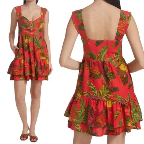 FARM Rio 'Red Forest Birds' Linen-Blend Mini-Dress, Red Multi - Picture 2 of 3